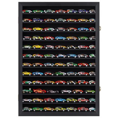 Hot Toy Cars Wheels Matchbox Model Cars Hot Display Case Cabinet Also fit N Scale Model Trains UV Protection 1/64-1/43 Scale HIgh Transparency (Black Finish)