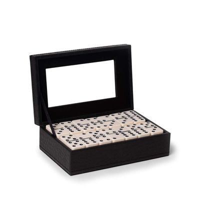 Bey-Berk Jaden Crocodile-Embossed Leather Domino Set, Double-6 55-Piece Tiles in Black Display Case, Coffee Table Game Set