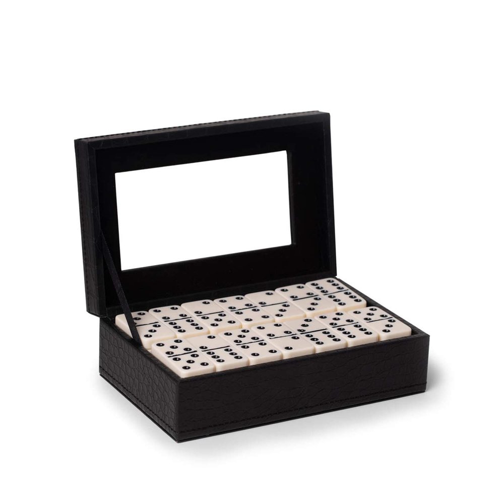 Bey-Berk Jaden Crocodile-Embossed Leather Domino Set, Double-6 55-Piece Tiles in Black Display Case, Coffee Table Game Set