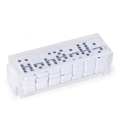 Bey-Berk Danny Acrylic Domino Set, 28-Piece White Dominoes in Clear Lucite Storage Case with Sliding Lid, Modern Game Table Accent