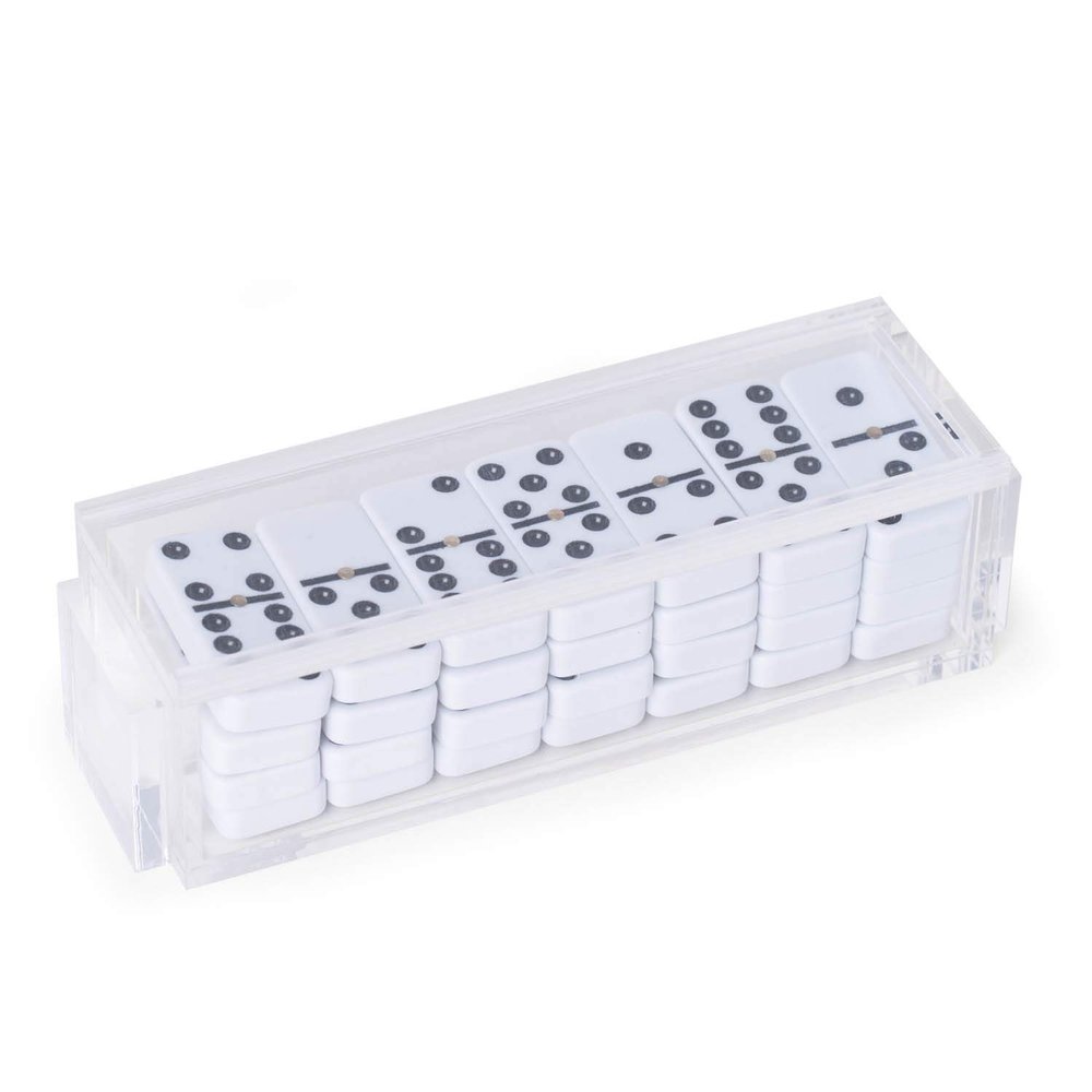 Bey-Berk Danny Acrylic Domino Set, 28-Piece White Dominoes in Clear Lucite Storage Case with Sliding Lid, Modern Game Table Accent