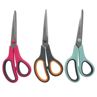 Westcott 8" Straight Stainless Steel Soft Handle Scissors, Assorted Colors, Pack of 3