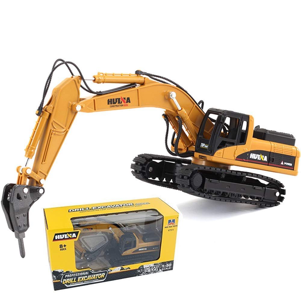 Gemini&Genius Drill Excavator Toys for Kids, Heavy Duty Construction Vehicle Toy 1:50 Scale Hammer Digger, Driller Car Toy, Alloy Model with Moveable Joints and 360 Rotatable Table