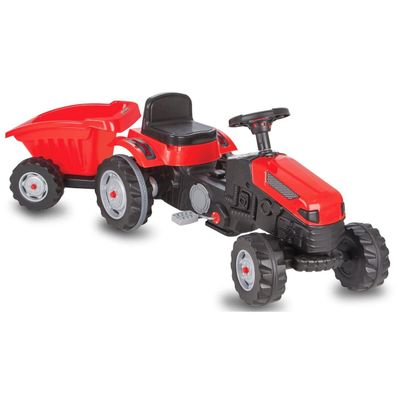 Jamara 460825 Strong Bull Tractor with Trailer-Anti-tilt Protection, Powered by Pedals, Smooth Steering Wheel System, Adjustable Seat, Horn, Maximum Weight 60 kg, red