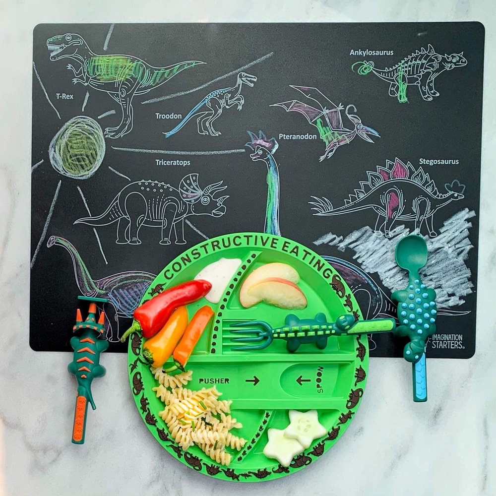 Constructive Eating Made in USA Dino Utensil Set and Plate with Imagination Starters Crayons and Reusable Dino Placemat