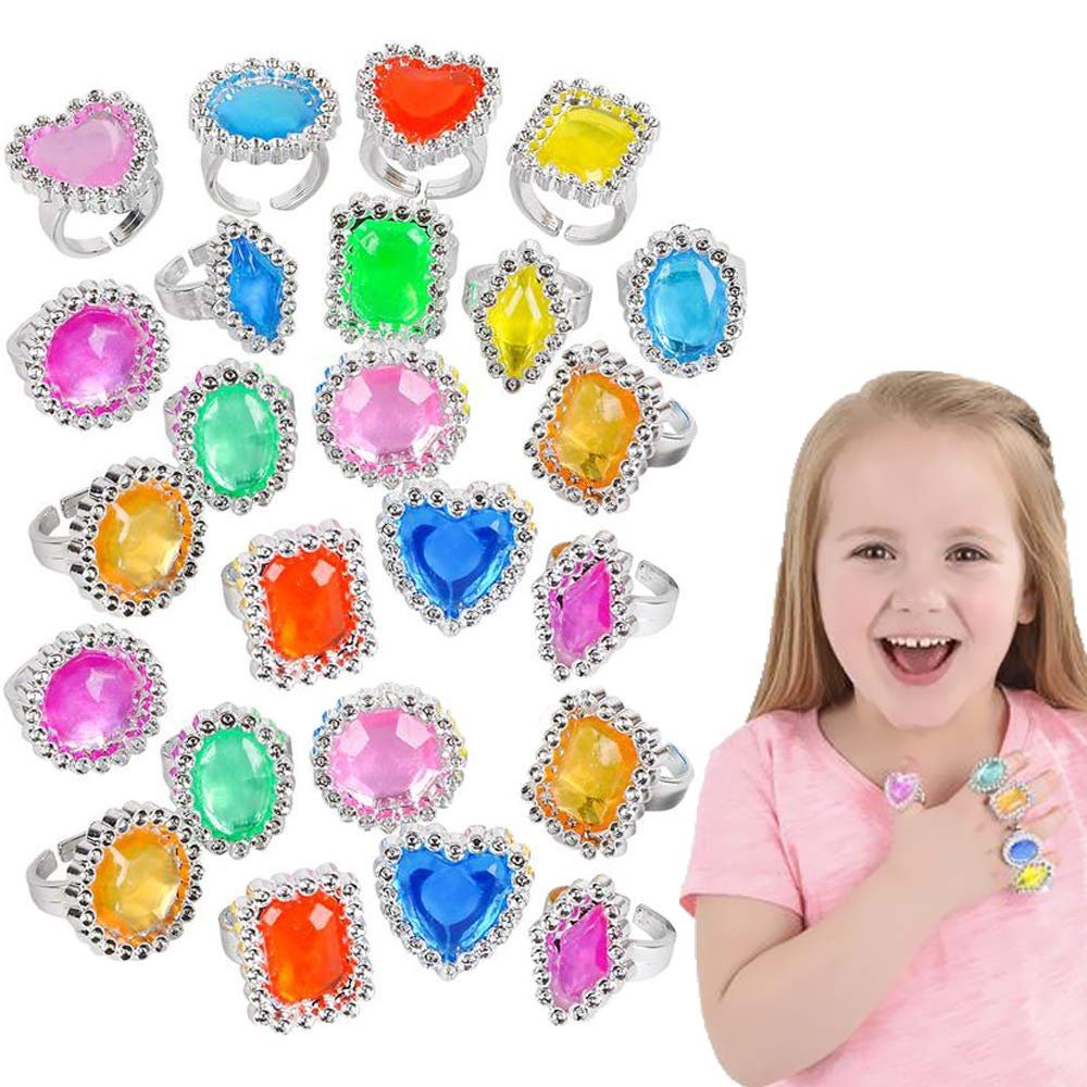 The Dreidel Company 24-Pack Colorful Plastic Jewel Ring Adjustable Fake Rings Princess Rings Jewelry for Bridal Shower Girls Dress Accessories 1" Inch