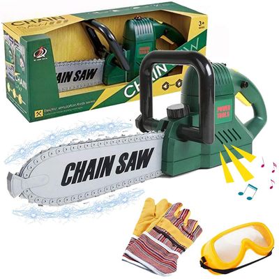 Kids Electric Chainsaw Toy Tool Pretend Play Set with Safety Goggles, Work Gloves | Rotating Chain and Realistic Sound Effects