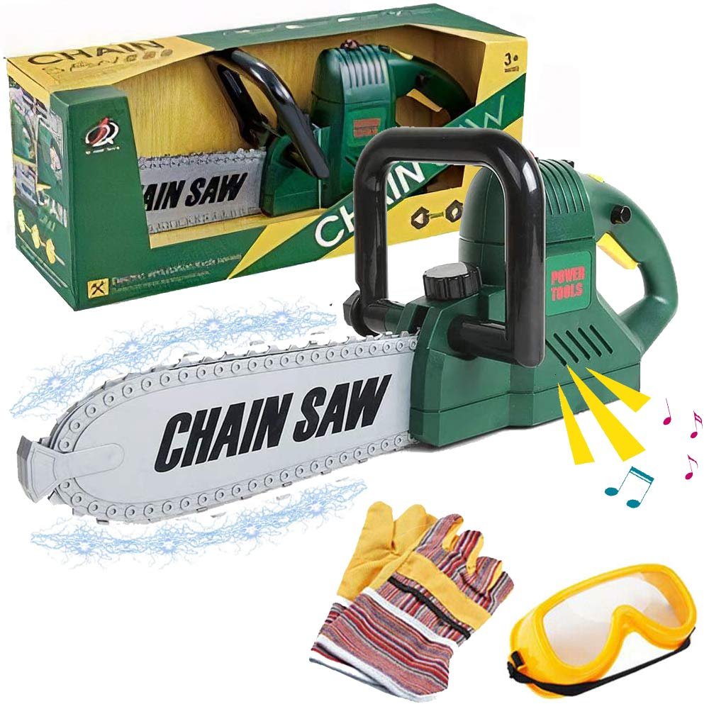 Kids Electric Chainsaw Toy Tool Pretend Play Set with Safety Goggles, Work Gloves | Rotating Chain and Realistic Sound Effects