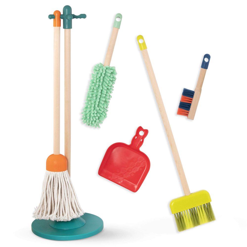 B. toys  Clean n' Play Wooden Cleaning Set for Toddlers  Broom, Dustpan & Brush Playset  Encourages Imaginative Role Play & Early Development  Fun & Educational Toys for Preschool Kids 2+ Years