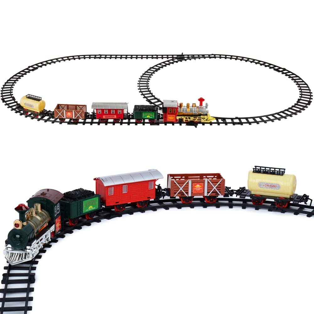 ECCRIS Toy Train Sets with Steam Locomotive Engine, Cargo Car, Passenger Car and Track