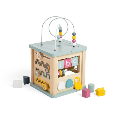 Bigjigs Toys Wooden Activity Cube - 100% FSC Certified Busy Centre with Shape Sorter & Bead Maze, Sustainable Sensory Toys for 1 Year Old, 22cm W x 23cm H