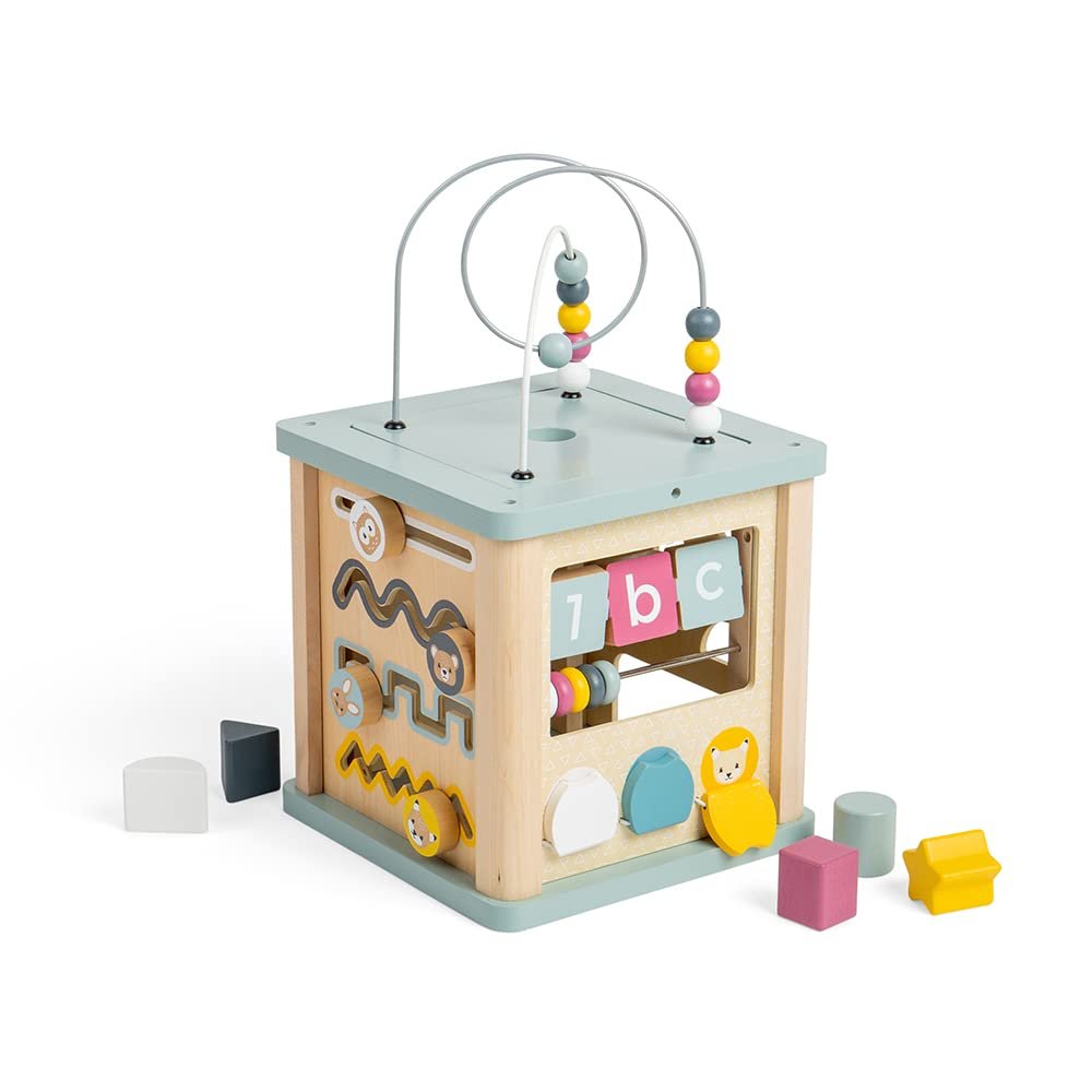 Bigjigs Toys Wooden Activity Cube - 100% FSC Certified Busy Centre with Shape Sorter & Bead Maze, Sustainable Sensory Toys for 1 Year Old, 22cm W x 23cm H