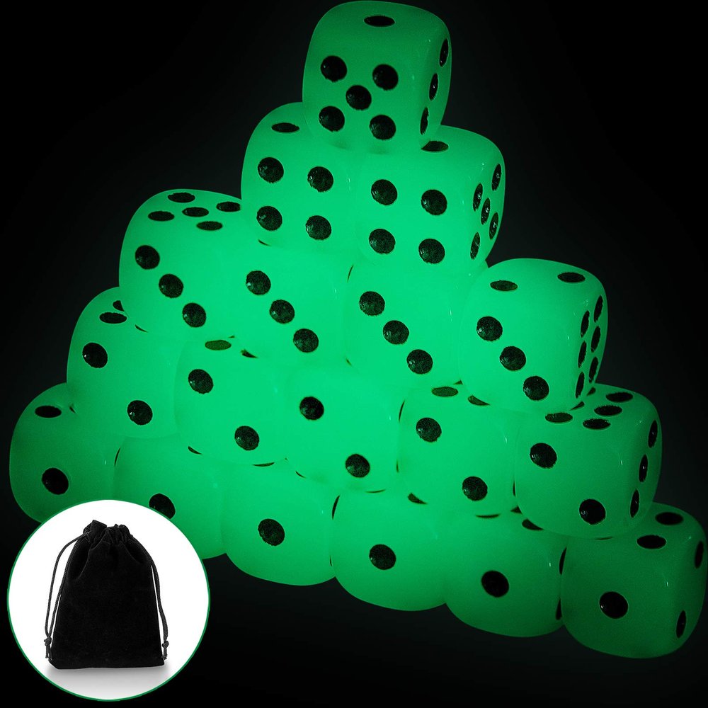 18 Pieces Glow in The Dark Dice Luminous Dices 6 Sided Dice with Black Velvet Pouches for Board Activity Casino Theme Party Favors