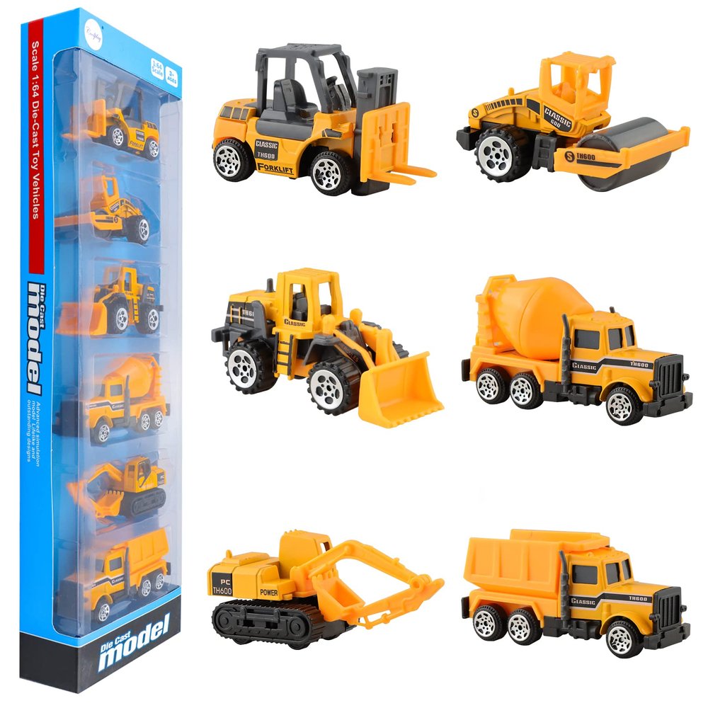 BenRich 6Pcs Mini Die Cast Car 1/64 Scale Alloy Construction Truck Vehicle Model Toy Set - Dump, Excavator, Forklift, Road Roller, Bulldozer, Mixer - Toy Cars for Kids Boys Girls Birthday Xmas Present
