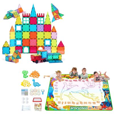Jasonwell Dinosaur Aqua Magic Doodle Mat 60 x 40 Inches Large Water Drawing Doodling Mat Toys and 65 PCS Magnetic Tiles Building Blocks Set Gifts