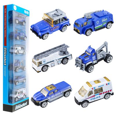 BenRich 6Pcs Mini Die Cast Car 1/64 Scale Alloy Metal Model Vehicle Set - Ladder, Water Tower, Ambulance, Police Patrol Car & Transport Truck, Patrol - Toys for Kids Boys Girls Birthday Xmas Present