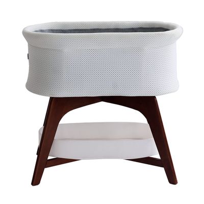 TruBliss Evi Smart Baby Bassinet Beside Sleeper with Auto-Glide, Ambient Nightlight & Sensory Sounds, Compatible with Alexa and Google Home, Includes 2 Sheets (Soft White w/Espresso Legs)