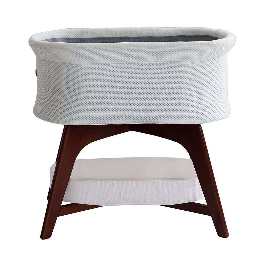 TruBliss Evi Smart Baby Bassinet Beside Sleeper with Auto-Glide, Ambient Nightlight & Sensory Sounds, Compatible with Alexa and Google Home, Includes 2 Sheets (Soft White w/Espresso Legs)