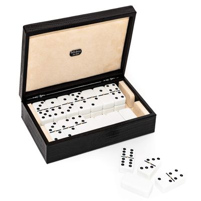 Bello Games Collezioni Franco - Double Six White Professional Jumbo Size Tournament Dominoe Set with Spinners in a Luxury Genuine Italian Printed Leather Lizard Case
