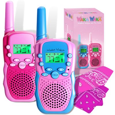 Waka Waka Walkie Talkies for Kids (2 Pack, Pink and Light Blue)  Long Range Two-Way Walkie Talkie Set with Bandanas and Whistles Included  Great for Indoor or Outdoor Play  Gift for Boys and Girls
