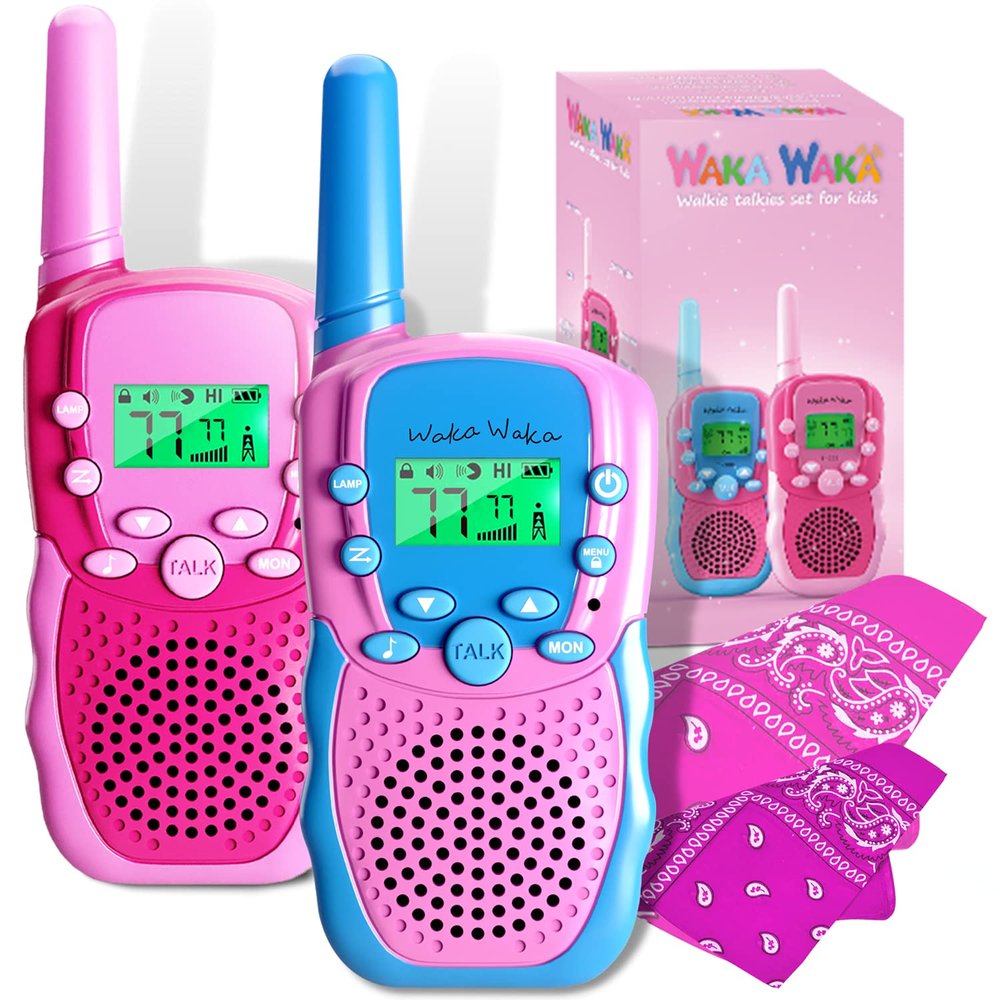 Waka Waka Walkie Talkies for Kids (2 Pack, Pink and Light Blue) Long Range Two-Way Walkie Talkie Set with Bandanas and Whistles Included Great for Indoor or Outdoor Play Gift for Boys and Girls