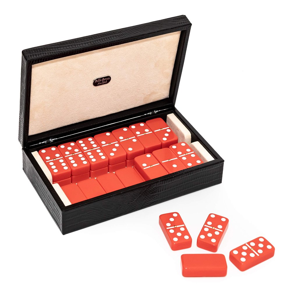 Bello Games Collezioni Franco - Double Six Red Professional Jumbo Size Tournament Dominoes Set with Spinners in a Luxury Genuine Italian Leather Lizard Case