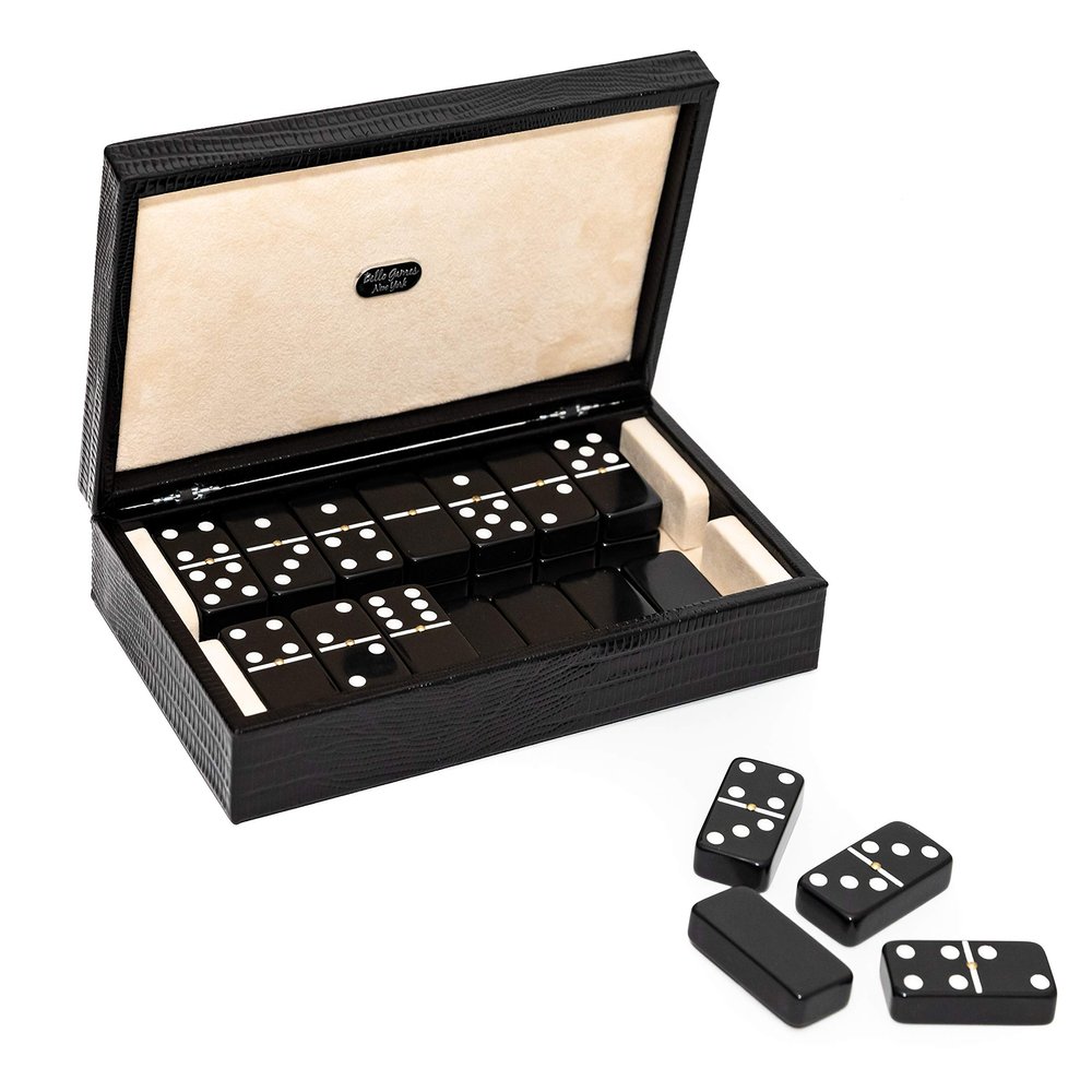 Bello Games Collezioni Franco - Double Six Black Professional Jumbo Size Tournament Dominoes Set with Spinners in a Luxury Genuine Italian Leather Printed Lizard Case