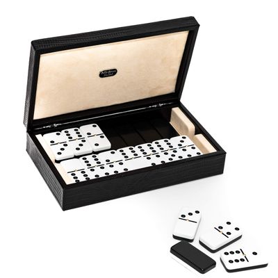 Bello Games Collezioni Franco - Double Six Professional Jumbo Size Two Tone Tournament Dominoes Set with Spinners in a Luxury Genuine Italian Printed Leather Lizard Case