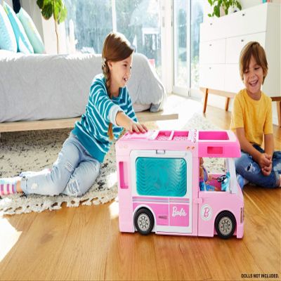 Barbie Camper, Doll Playset with 50 Accessories, Transforms into Truck, Boat & House, Includes Pool, 3-in-1 Dream Camper, GHL93