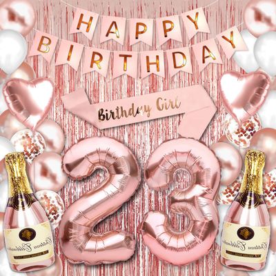 23rd Birthday Party Decorations Rose Gold Supplies Big Set for Women with Birthday Banner and "23" Digit Balloon for Her Including Latex and Confetti Balloons