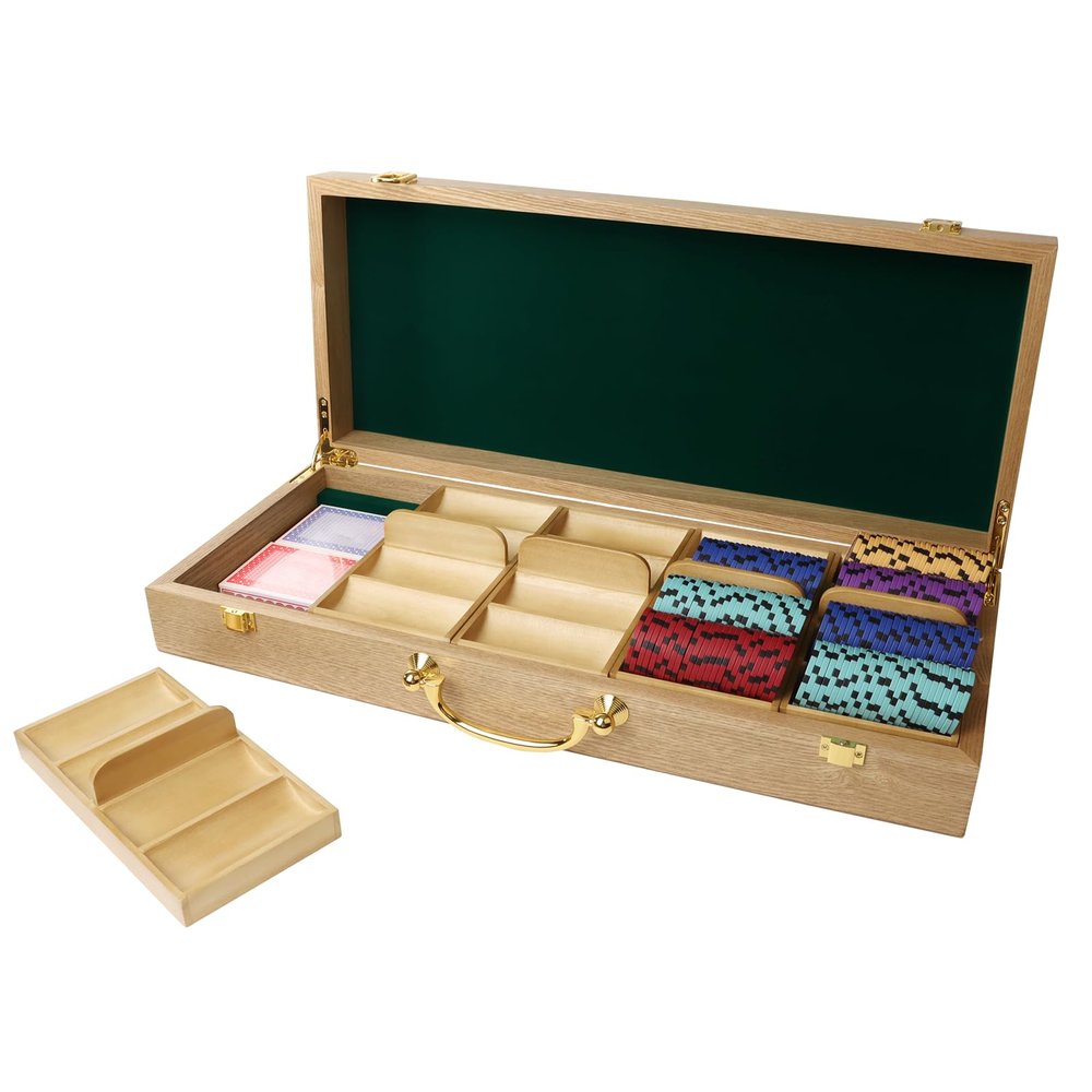 GSE Games & Sports Expert Wooden Poker Chip Case with 5 Chip Trays, Holds 500 Chips, Casino Grade Chip Holder for Poker chips (Oak)