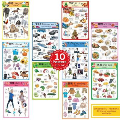 N/A/ Chinese Learning 10-Poster Set for Kids. Montessori-Inspired. Bilingual with Simplified Chinese, English, and Pinyin.