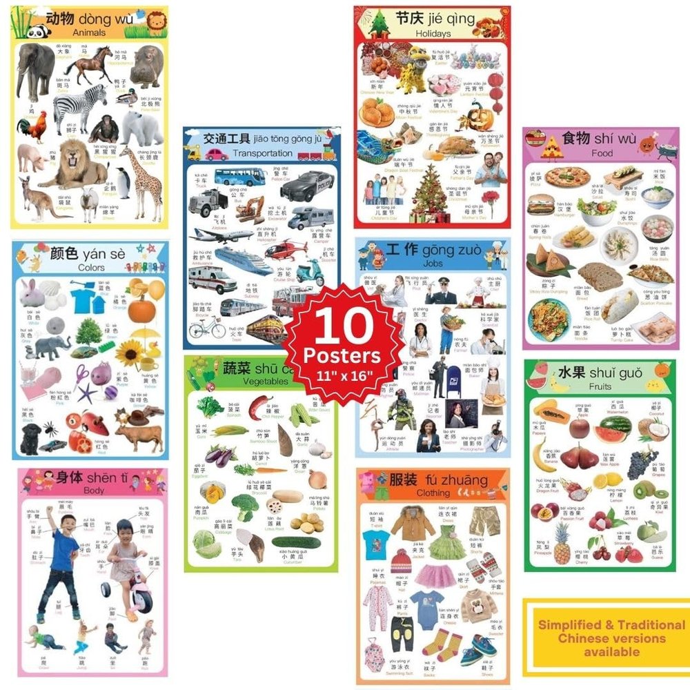 N/A/ Chinese Learning 10-Poster Set for Kids. Montessori-Inspired. Bilingual with Simplified Chinese, English, and Pinyin.