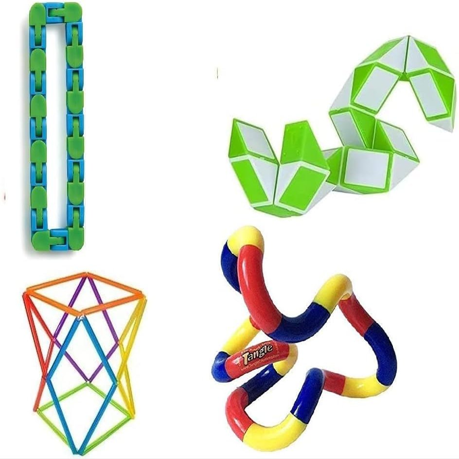 Fidget Sensory Twisting Folding Shapeshifting Hand Fidget Toys Set of (4) Quiet fidgets: Snap N Click, Genuine Tangle Twister Toy , Snake Fidget Puzzle , Polygonzo Geo-Morph Fidget