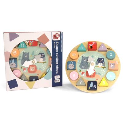 LEO & FRIENDS: Shape Sorting Clock Puzzle - 13pc Wooden Set - Animal Theme, Chunky Pieces, Learn How to Tell Time, Play & Develop Toy, Kids Ages 3+