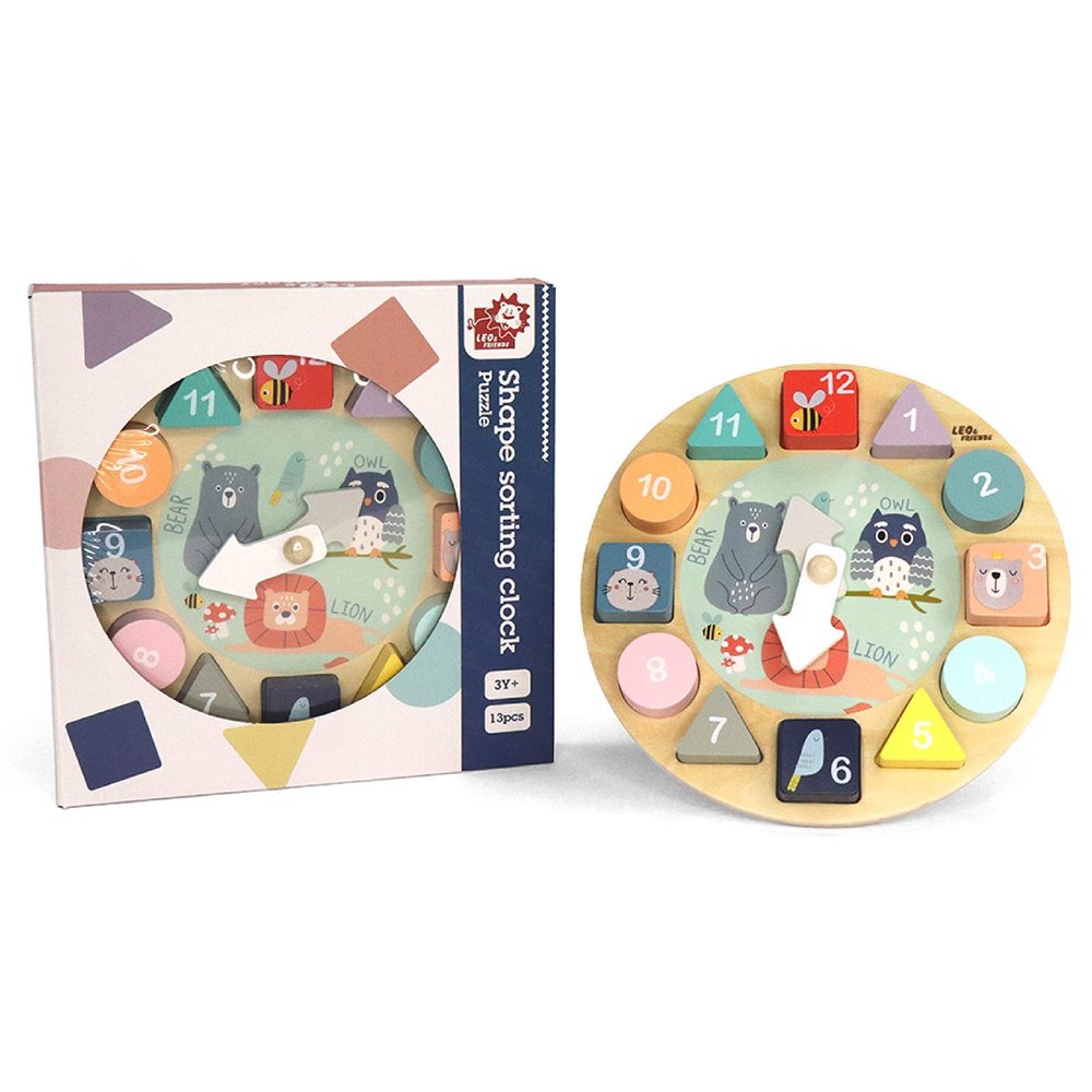 LEO & FRIENDS: Shape Sorting Clock Puzzle - 13pc Wooden Set - Animal Theme, Chunky Pieces, Learn How to Tell Time, Play & Develop Toy, Kids Ages 3+