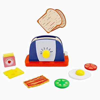 LEO & FRIENDS Wooden Pop Up Toaster Set - Play Kitchen Accessories for Children Aged 3-6 - 7-Piece Educational Toddler Toy