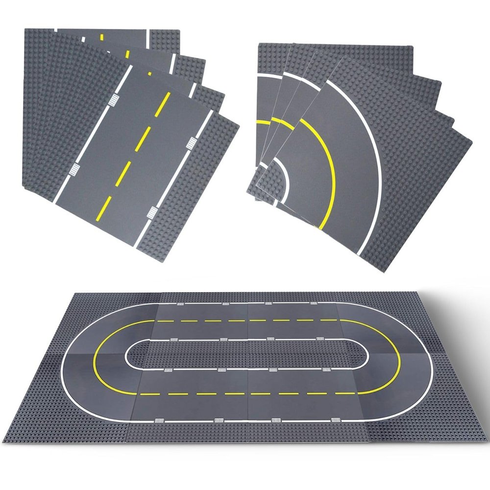 8 Pack Classic City Street Baseplates, Building Blocks Road Plates 10" x 10", Kids Brick Baseplates for City Road, Street, Race Track, Towns - 4 Straight + 4 Curved Road