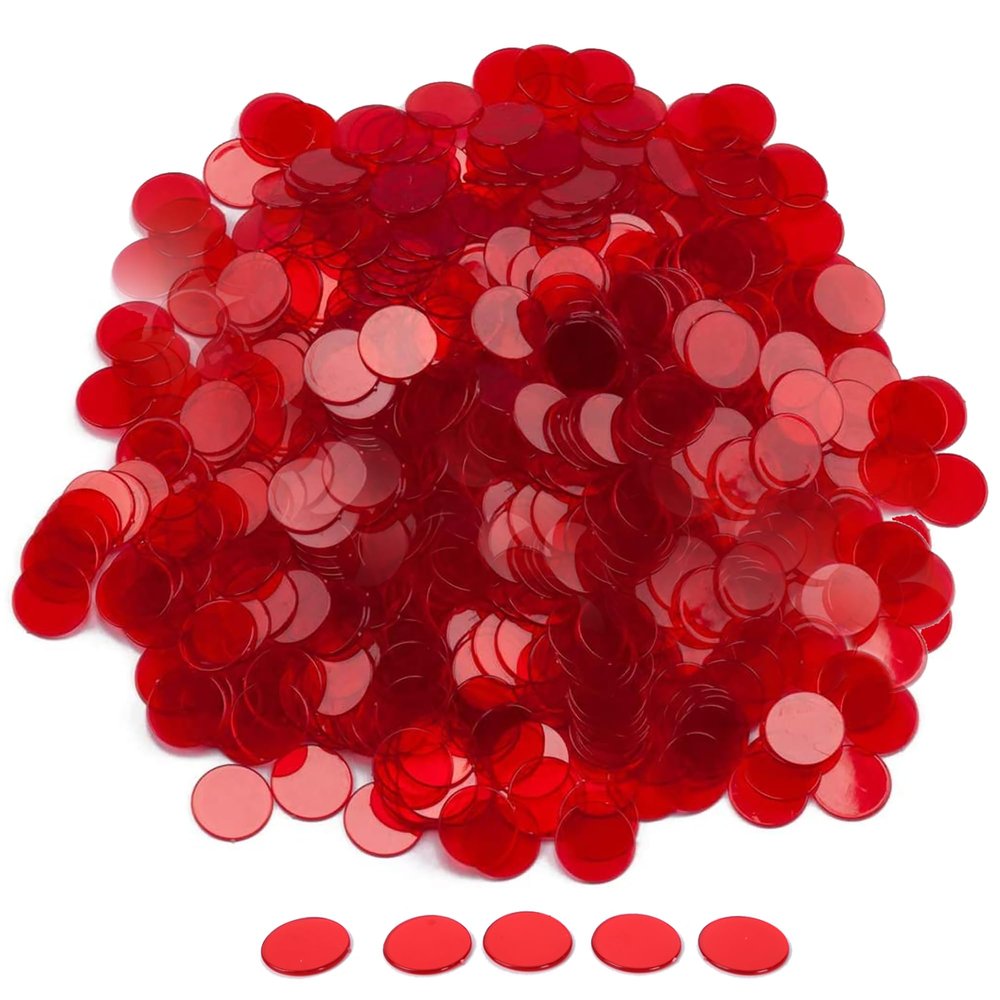 GSE Games & Sports Expert Red Bingo Chips, 1,000 Pieces 3/4-Inch High-Contrast Transparent Counting Chips for Bingo Games, Parties