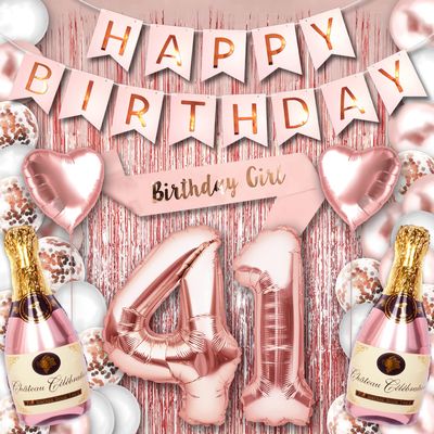 41st Birthday Party Decorations for Her Rose Gold Supplies Big Set with Birthday Banner and 41 BDay Digit Balloons for Women Including Latex and Confetti Balloons
