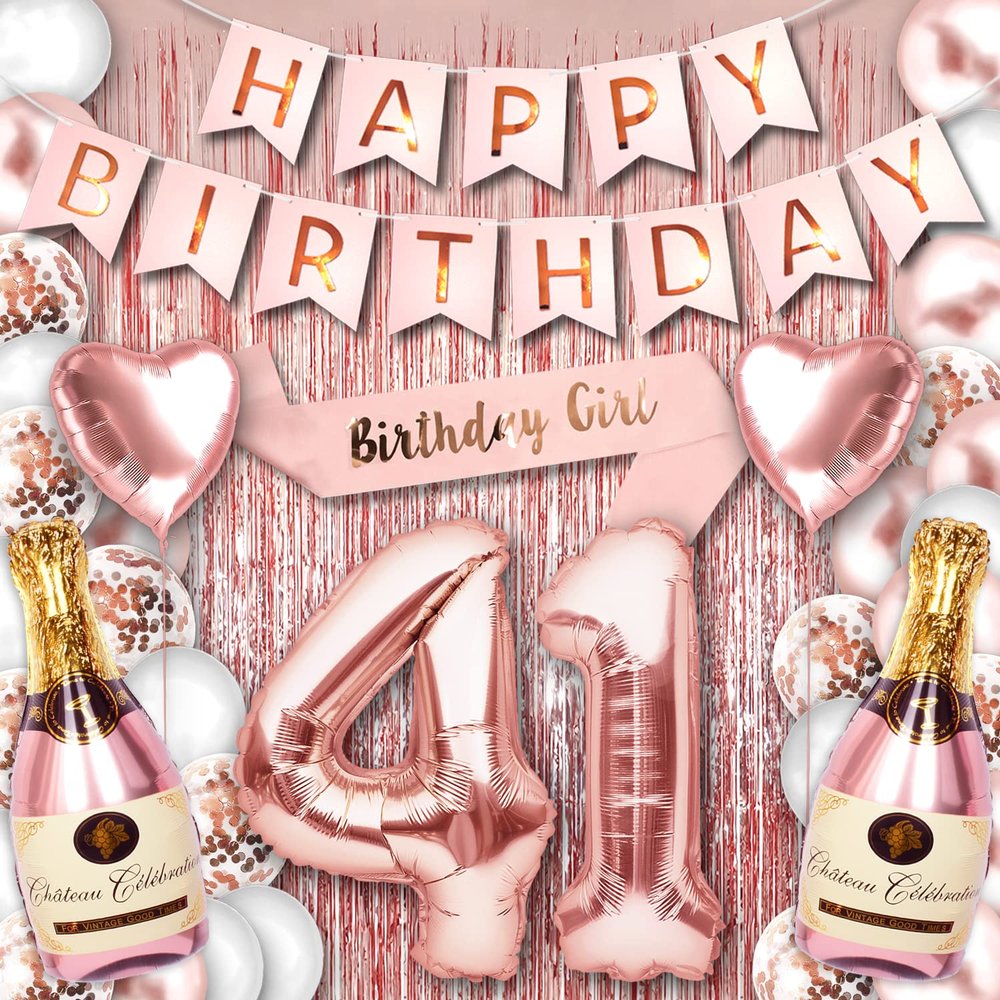 41st Birthday Party Decorations for Her Rose Gold Supplies Big Set with Birthday Banner and 41 BDay Digit Balloons for Women Including Latex and Confetti Balloons