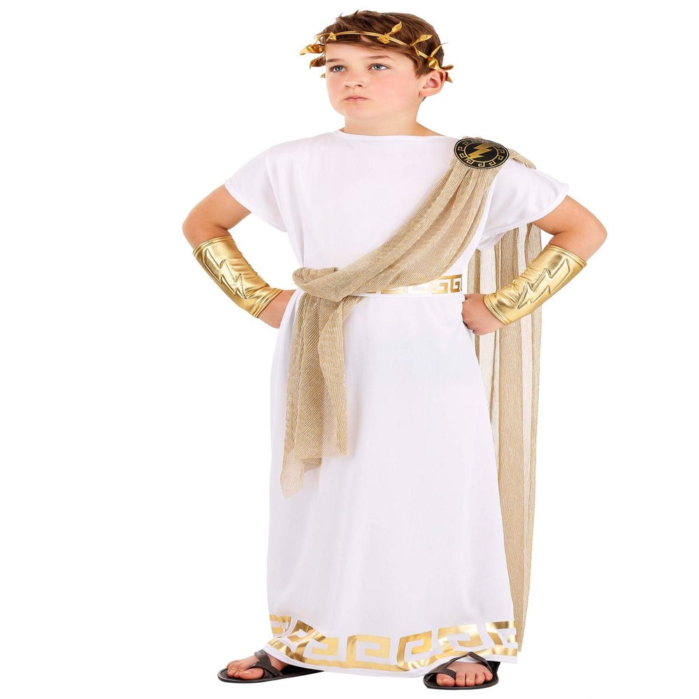 Fun Costumes Ancient Greece Kid's Zeus Costume Tunic, Drape, Crown, Belt, Gauntlets - X-Large - White