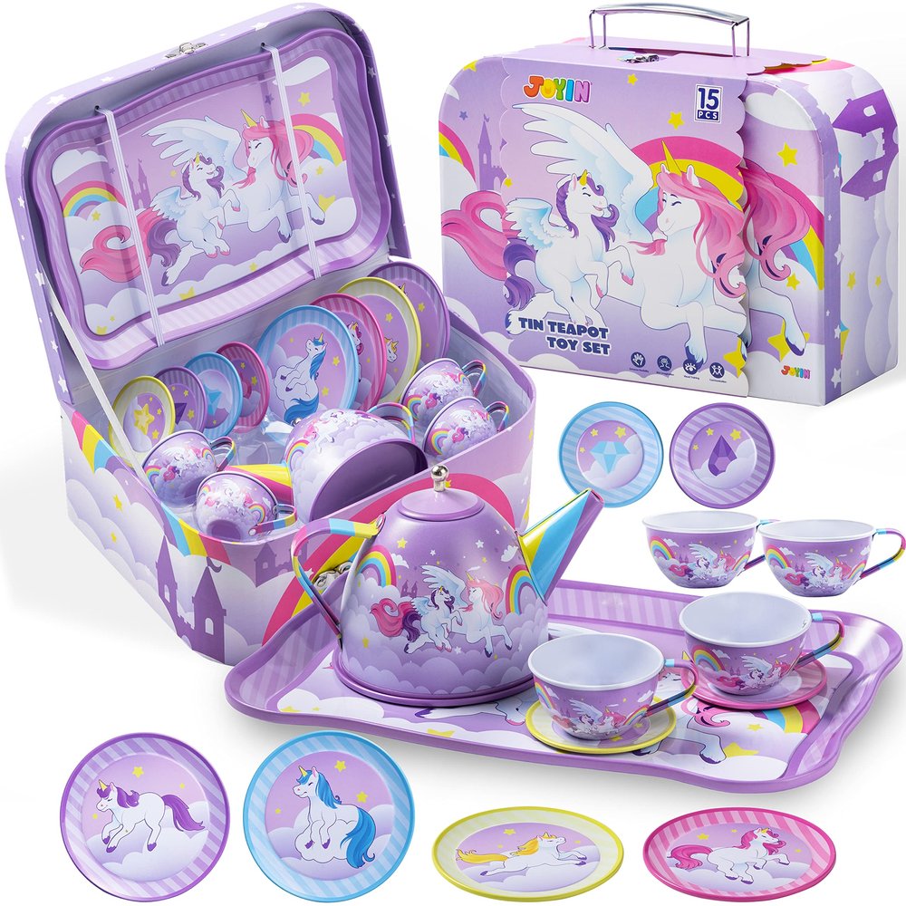 JOYIN Unicorn Tea Party Set for Little Girls, Pretend Purple Tin Teapot Set, Princess Tea Time Play Kitchen Toy with Teapot, Cup, Plate, Carrying Case for Kids Toddler Age 3+, Birthday Gifts