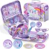 JOYIN Unicorn Tea Party Set for Little Girls, Pretend Purple Tin Teapot Set, Princess Tea Time Play Kitchen Toy with Teapot, Cup, Plate, Carrying Case for Kids Toddler Age 3+, Birthday Gifts view 1