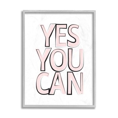 Stupell Industries Yes You Can Phrase Minimal Pink Bold Text, Design by Martina Pavlova Grey Framed Wall Art, 16 x 20