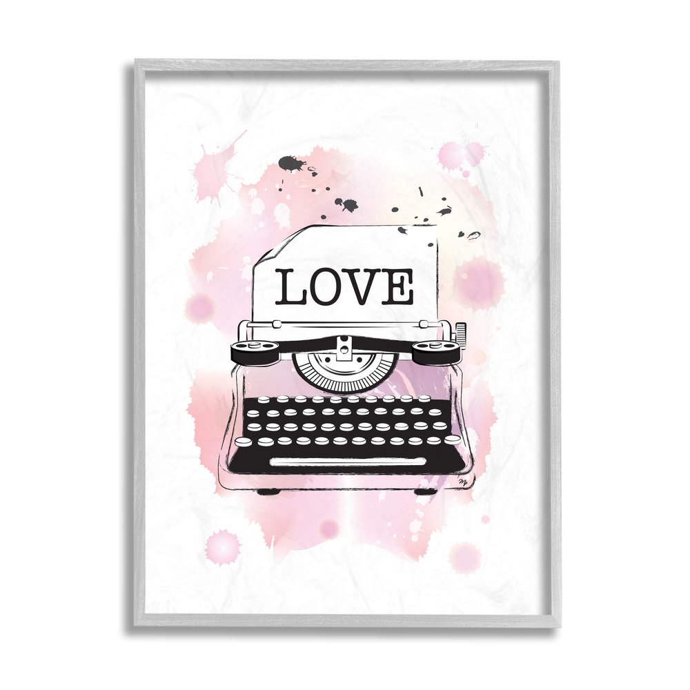 Stupell Industries Retro Pink Typewriter Love Text Paint Splash, Design by Martina Pavlova Grey Framed Wall Art, 16 x 20
