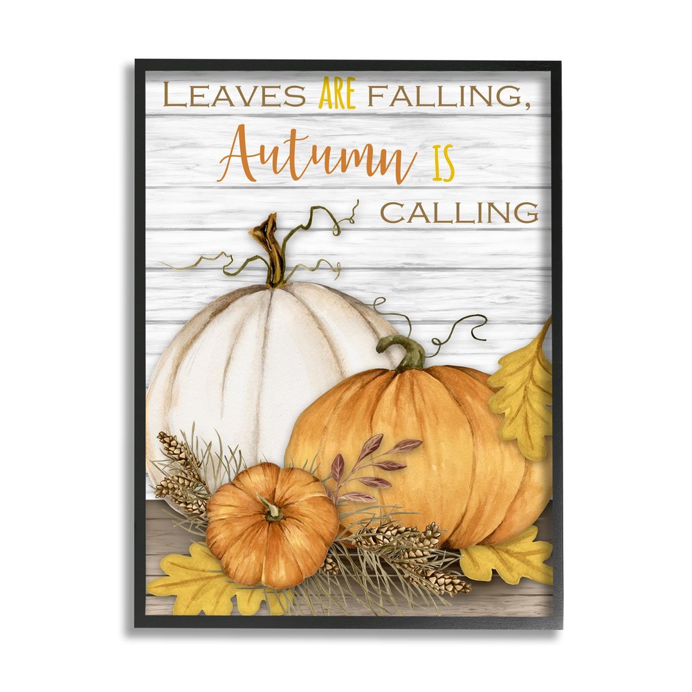 Stupell Industries Leaves Falling Autumn Calling Quote Farm Harvest, Design by Gail Green LDL Black Framed Wall Art, 16 x 20, Off- White