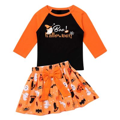Agoky Infant Baby Girls Halloween Costume Long Sleeve Cartoon Pattern Printed Tops with Bowknot Pleated Short Skirt Orange 18-24 Months