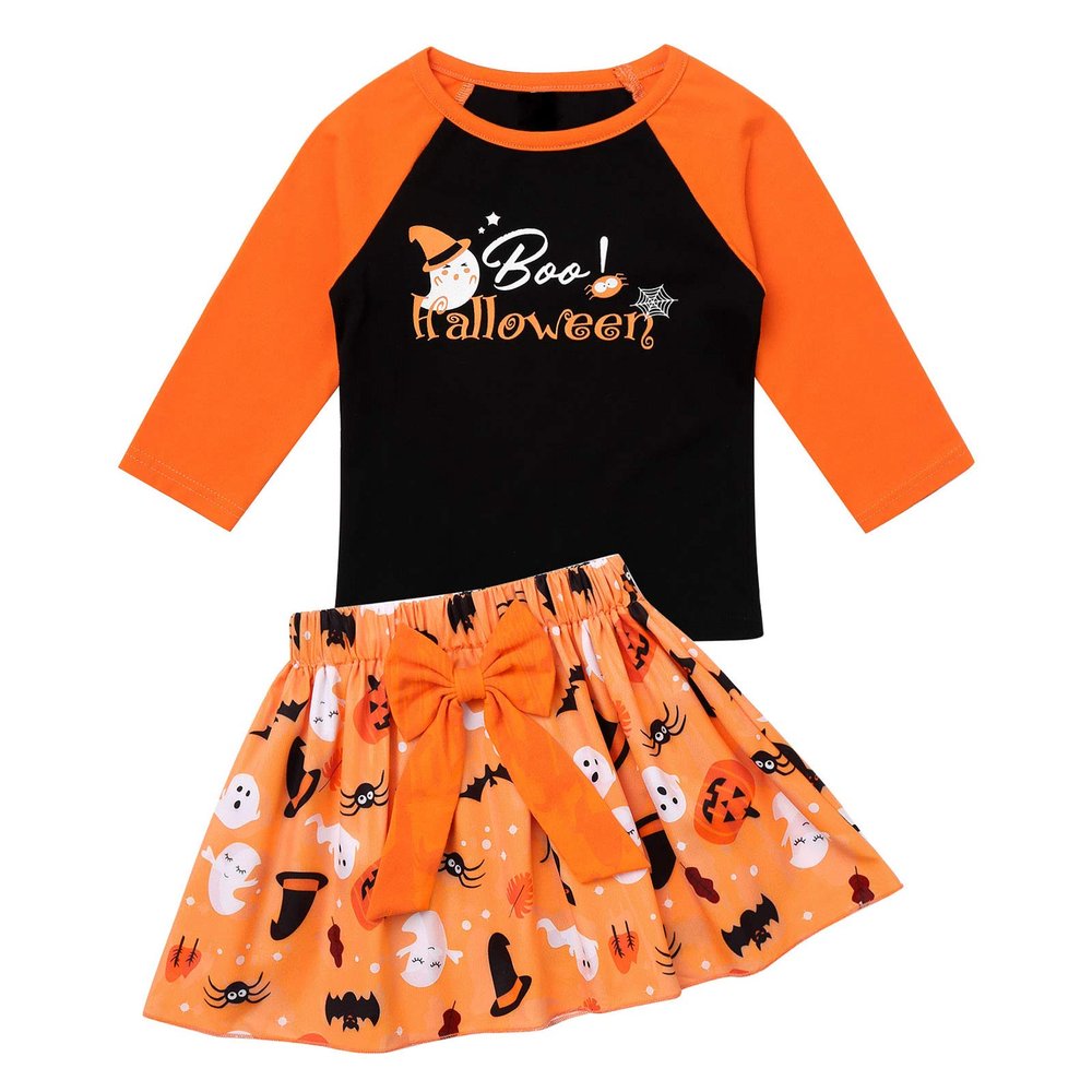 Agoky Infant Baby Girls Halloween Costume Long Sleeve Cartoon Pattern Printed Tops with Bowknot Pleated Short Skirt Orange 18-24 Months