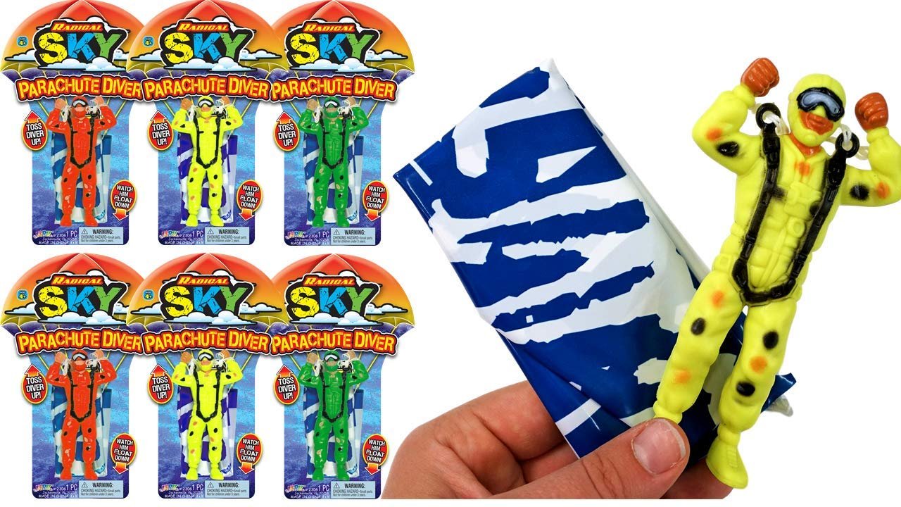 JA-RU Parachute Toys for Kids (6 Pack) Red, Yellow, or Green Flying Parachute Men Action Figures | Outdoor Recess Toys | Party Favors for Boys, Prizes, & Goodie Bag Stuffers. 2306-6s